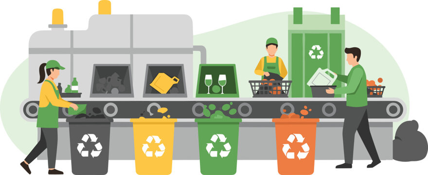Workers sorting garbage on conveyor belt in recycling factory plant for environmental conservation flat vector illustration isolated on white background.