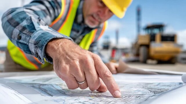 Analyzing Blueprint: A focused construction worker meticulously examines detailed blueprints on-site, a tangible image of diligence and expertise within the architecture industry.