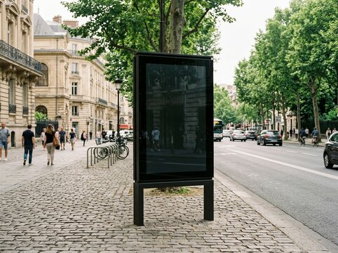 Empty digital advertising screen on busy paris street