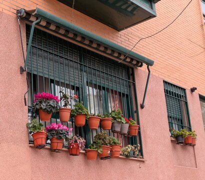 Ventana con arreglo floral: Una encantadora ventana adornada con flores de varios colores en tiestos en un edificio en Espa&ntilde;a 