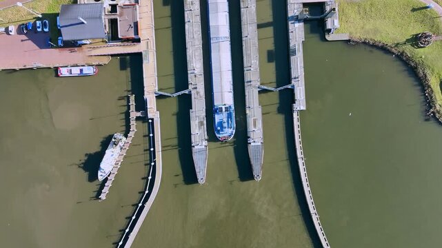 Top view of a large lock complex with waterway infrastructure in Europe