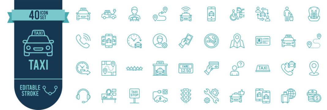 Taxi Icons Set, 40 Line Icons, Cab Service, Driver, Ride Booking, Transportation, Editable Stroke, Vector Icons