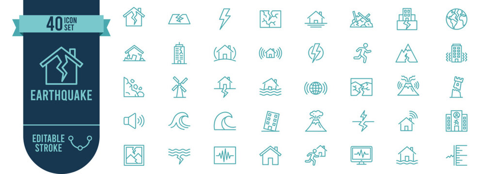 Earthquake Icons Set, 40 Line Icons, Natural Disaster, Seismic, Tsunami, Volcano, Building Damage, Editable Stroke, Vector
