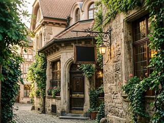 Obraz premium Old european street building with hanging sign and lantern