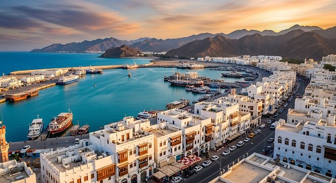 Muscat, Oman - A Coastal Cityscape at Sunset.