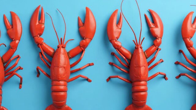 Top view of vibrant red lobsters neatly arranged in a row on a bright blue background. Minimalistic composition, perfect for seafood, culinary, or summer-themed designs.