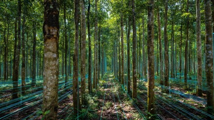 Fototapeta premium Digital Overlay for Tree Monitoring and Flow Management in a Vibrant Forest Environment