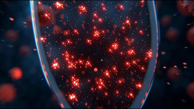 Antivirus Scanning With Glowing Shield Consuming Red Elements in Digital Space at Night