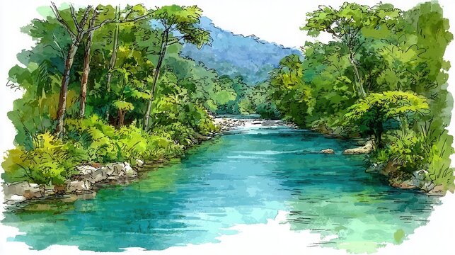 Clean river and thriving forest watercolor illustration promoting environmental responsibility in nature's embrace
