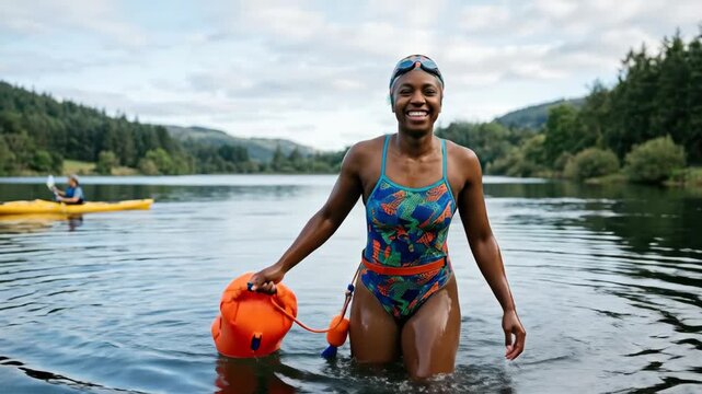 a dynamic scene featuring a 30-year-old black female swimmer confidently posing with her tow float after an invigorating swim, surrounded by splashes of water showcasing