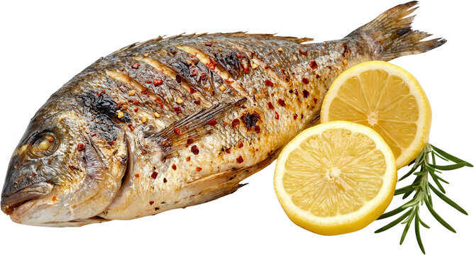 Delicious whole grilled sea bream seasoned with red pepper flakes served with fresh lemon slices and rosemary sprig presenting a healthy seafood meal grilled fish herbs spices