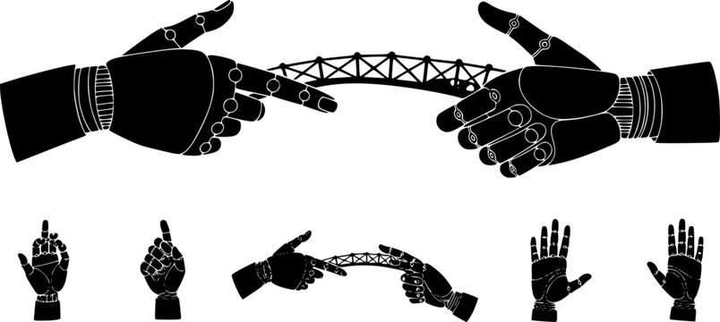 Human and artificial intelligence robot hand handshake silhouette vector representing AI collaboration technology and future innovation partnership