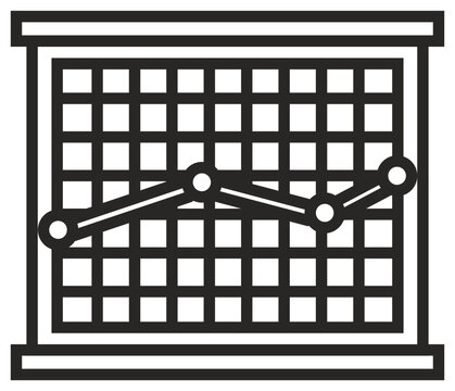 Black vector icon of a business presentation board featuring a line graph on a grid, symbolizing data analysis, financial growth, market trends, and statistical reporting for professional use.