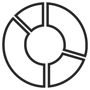 Minimalist black vector icon of a segmented donut chart or circular ring diagram, perfect for data visualization, business infographics, and modern web design. Clean and scalable silhouette.
