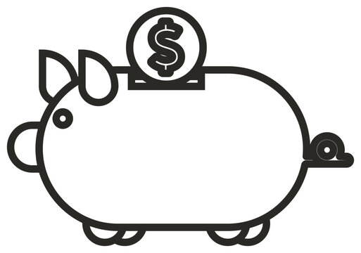 Minimalist black and white vector line art icon of a piggy bank with a dollar coin being inserted into the slot, symbolizing savings, financial planning, banking, investment, and wealth.
