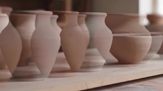 Handmade Clay Vases And Bowls On Shelf.