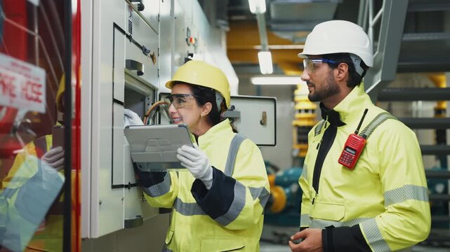 Hispanic Technicians Testing Air Conditioning System.Technicians test an air conditioning system's efficiency, inspecting condensers and compressors in a modern industrial facility.