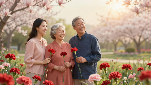 Heartwarming Outdoor Family Portrait with Carnations in a Blooming Garden