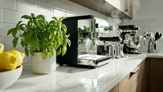 Home Kitchen Countertop Espresso Machine With Fresh Basil.