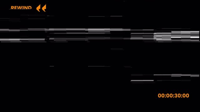 VHS Tape Rewind Glitched on Black Background with Retro Static Distortion and Timecode 4k video