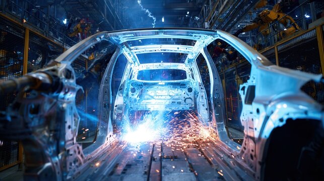 Robotic welders ignite sparks across chassis, bluetinted industrial scene of automated assembly line with manipulators and plasma torch flares, molten metal droplets and smoke creating intense