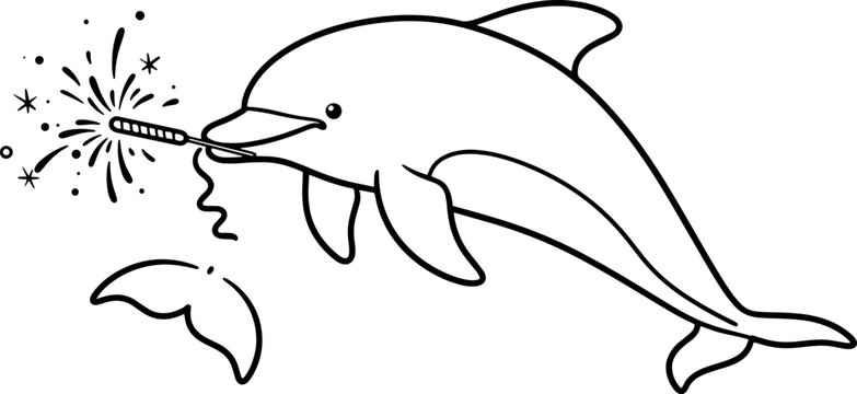 Cute Cartoon Dolphin Holding Sparkler with Small Fish Nearby in Simple Black and White Line Art