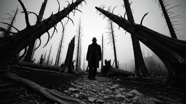 Lone figure in a mysterious forest walking towards the camera with eerie atmosphere and fog, monochrome
