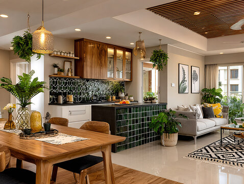 A sun-drenched, rustic Mediterranean-style kitchen-dining space features arched doorways, herringbone wood floors, green zellige tile backsplash, and warm, textured finishes that blend indoor comfort 