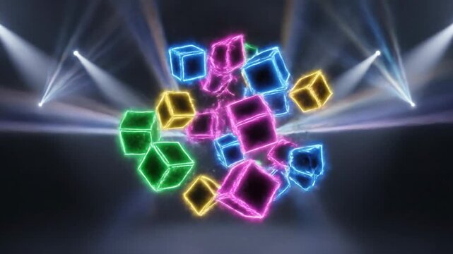 Neon Glowing Cubes Floating Over Stage With Spotlights.