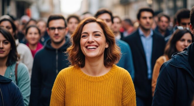 A smiling woman stands in a crowd of people. She wears a bright yellow sweater and looks directly at the camera with a joyful expression.