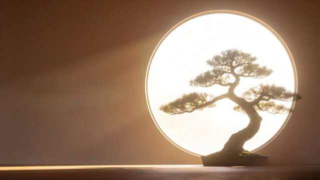 Bonsai tree silhouette on right of bright circular window