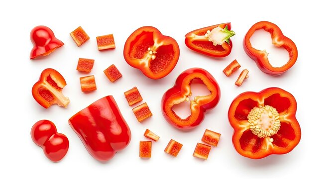 A collection of sliced red bell peppers is arranged on a white surface. The peppers are cut into various shapes, including slices, cubes, and halves.
