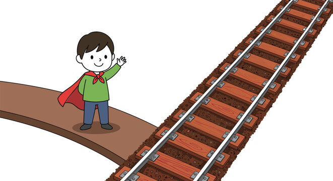 Cute boy standing near railway track transportation infrastructure cartoon vector illustration for travel and train concept