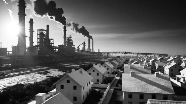 Black and white industrial cityscape with smokestacks, polluted sky, and a suburban neighborhood