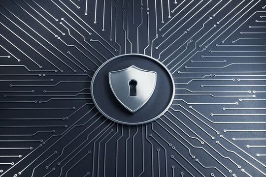 Digital shield lock symbol centered on futuristic circuit board background representing cybersecurity protection and data safety. 3D Rendering