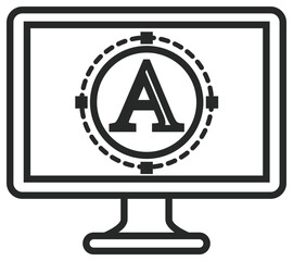 Minimalist black vector icon illustration of a computer monitor screen showing a typography design tool with the letter A inside a circular path, symbolizing digital graphic design software. © Zoya