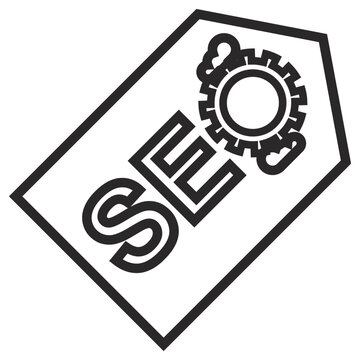 Minimalist black and white vector icon illustration of an SEO tag featuring a gear symbol, representing search engine optimization, digital marketing strategies, and website ranking on white.