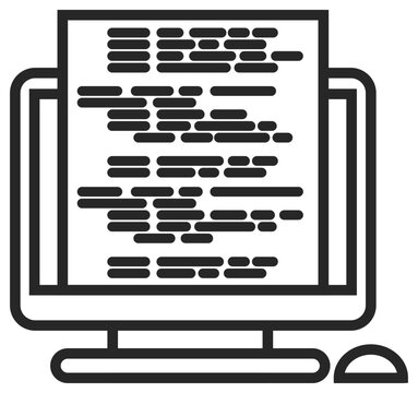 Software Coding and Development Workstation. Black vector icon showing a computer screen with source code lines and a mouse, illustrating programming and web application engineering.