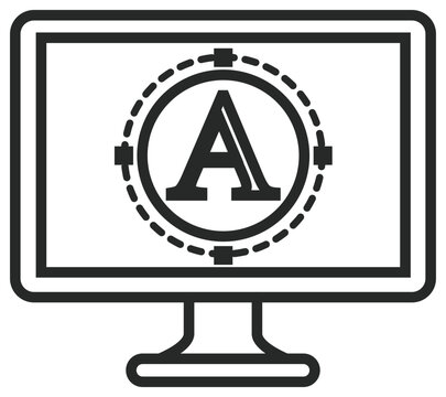 Minimalist black vector icon illustration of a computer monitor screen showing a typography design tool with the letter A inside a circular path, symbolizing digital graphic design software.