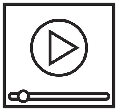 Minimalist black vector icon of a video player interface featuring a central play button and a progress bar at the bottom. Clean line art illustration for multimedia, streaming, and web design.