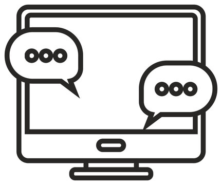 Minimalist black and white vector icon illustration of a computer monitor with speech bubbles, symbolizing online chat, digital communication, customer support, social media, and messaging.