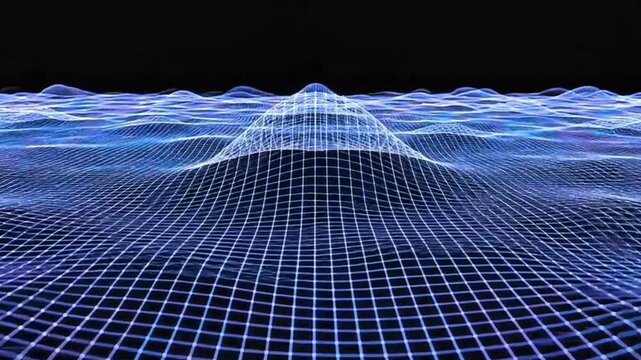 Dynamic digital landscape of shimmering blue grid lines forming an undulating terrain with a prominent central peak, illustrating abstract data visualization and technological wave simulations