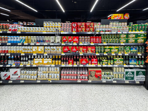 Bangkok Thailand - 12 April 2026: Many bottles of Beer and Wine on the shelf for sale in the Top supermarket