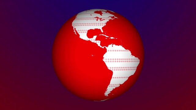 Red 3d globe with white halftone map of the americas on purple gradient background, minimalist global network and technology concept.