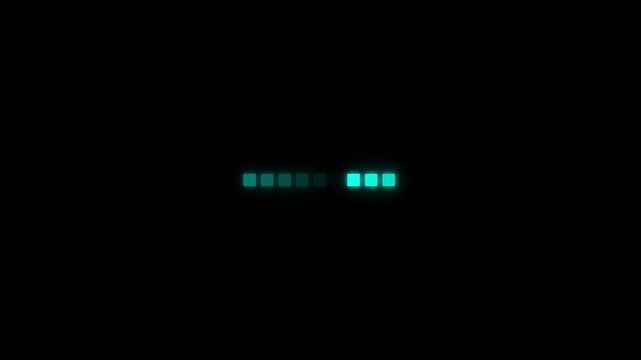 Minimalist loading bar with glowing teal squares on black background, futuristic digital interface concept for progress, buffering, startup screens, app UI, technology themes.