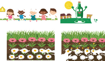 Fototapeta premium Children holding hands recycling bottle mascot and garden flower beds cartoon vector illustration collection for environment and nature design