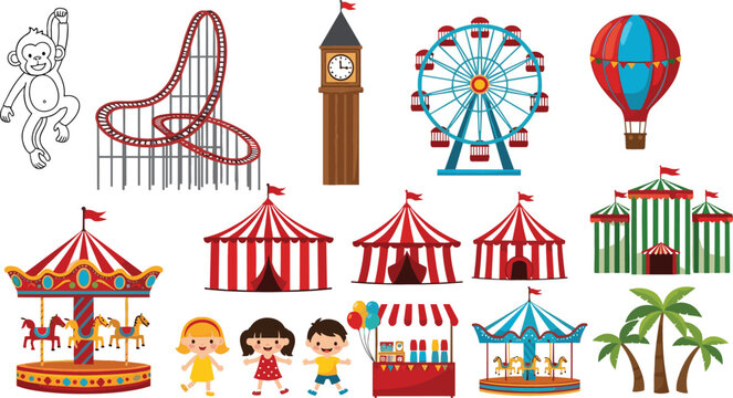 Amusement park carnival elements set with roller coaster ferris wheel tents carousel hot air balloon and kids cartoon vector illustration