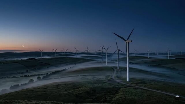 A massive wind farm stretching across rolling countryside at blue hour, turbine blades frozen mid-rotation against a deep indigo sky, a single crescent moon low on the
