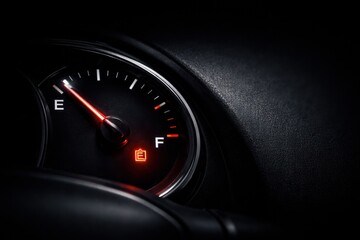 Naklejka premium car dashboard fuel gauge showing low level, fuel shortage concept, warning signal, transport issue.