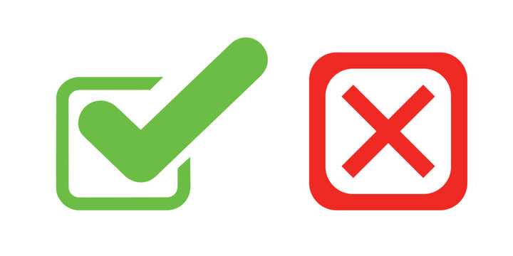 Green check mark and red cross checkbox icons for UI validation. Right and wrong choice symbols for digital quiz and form success feedback.
